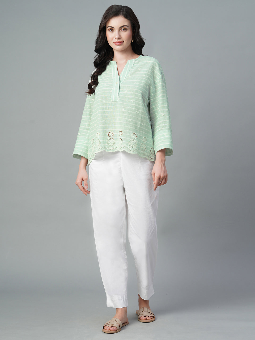 Women's Mint Cotton Flax Boxy Fit Blouse