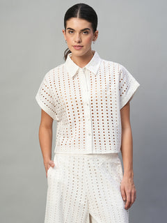Women's 100% Cotton Boxy Fit Eyelet Blouse White