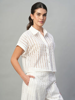 Women's 100% Cotton Boxy Fit Eyelet Blouse White