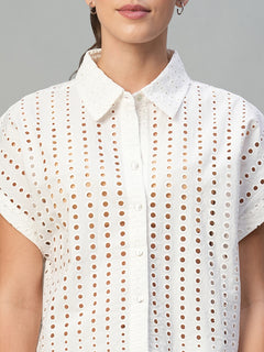 Women's 100% Cotton Boxy Fit Eyelet Blouse White