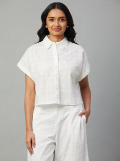 Women's 100% Cotton Cropped Button Blouse White