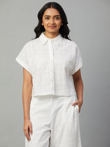 Women’s Cotton Regular Fit Cropped Button Blouse White