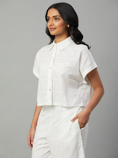 Women's 100% Cotton Cropped Button Blouse White