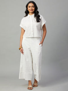 Women's 100% Cotton Cropped Button Blouse White
