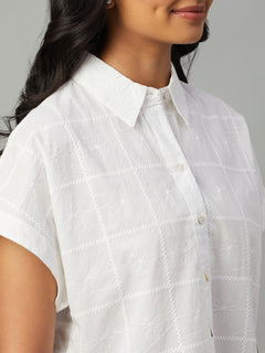 Women's 100% Cotton Cropped Button Blouse White