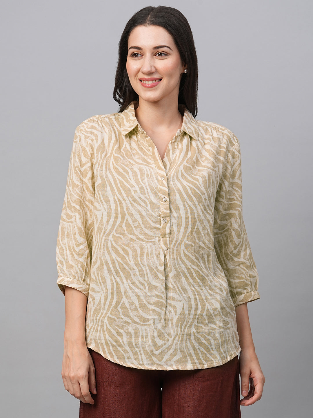 Women's Beige Cotton Linen Regular Fit Blouse