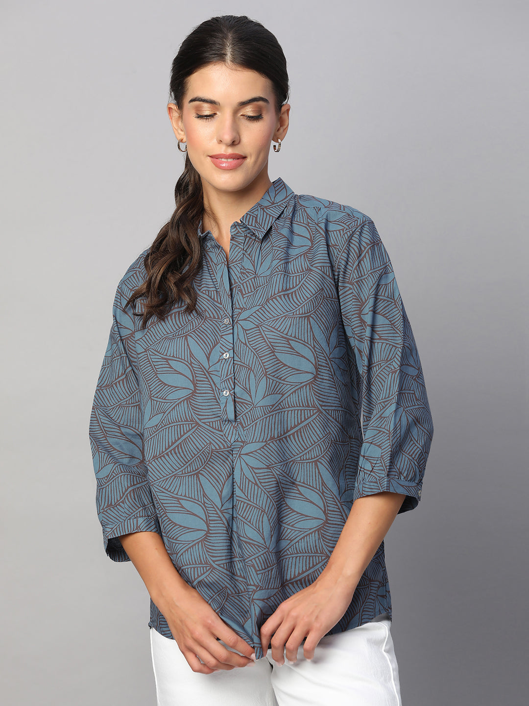 Women's Blue 100% Cotton Regular Fit Blouse