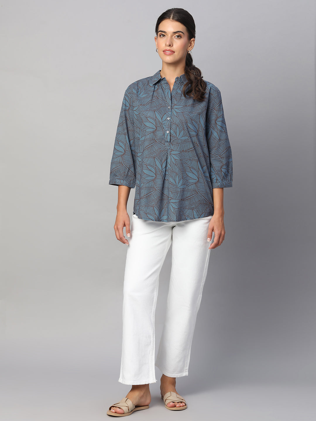 Women's Blue 100% Cotton Regular Fit Blouse