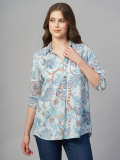 Women's Blue 100% Cambric Regular Fit Blouse