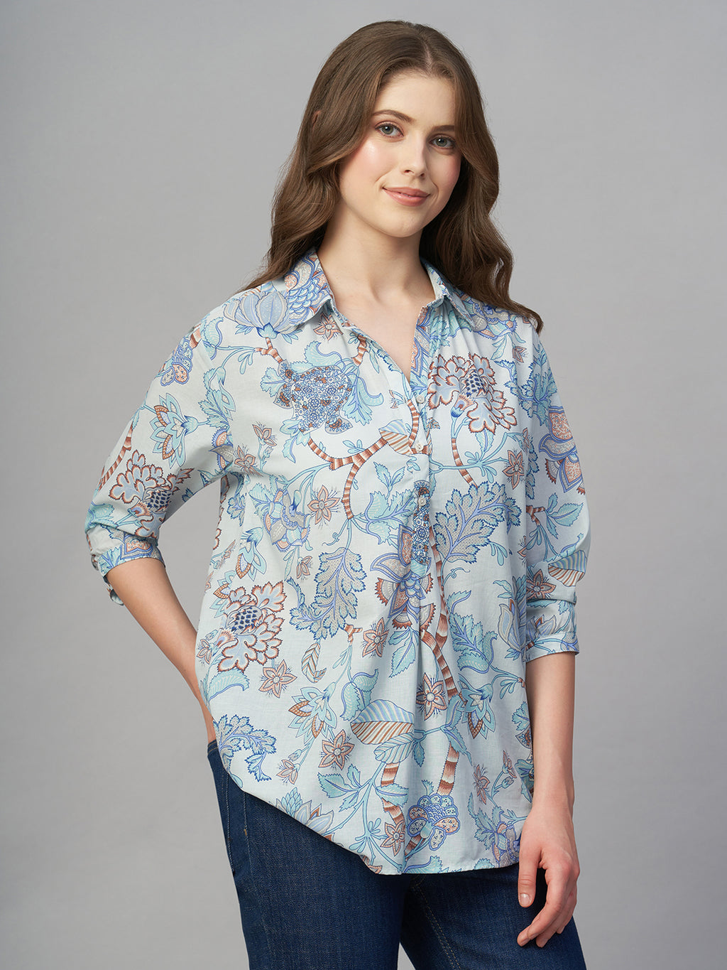 Women's Blue 100% Cambric Regular Fit Blouse