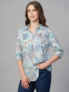 Women's Blue 100% Cambric Regular Fit Blouse
