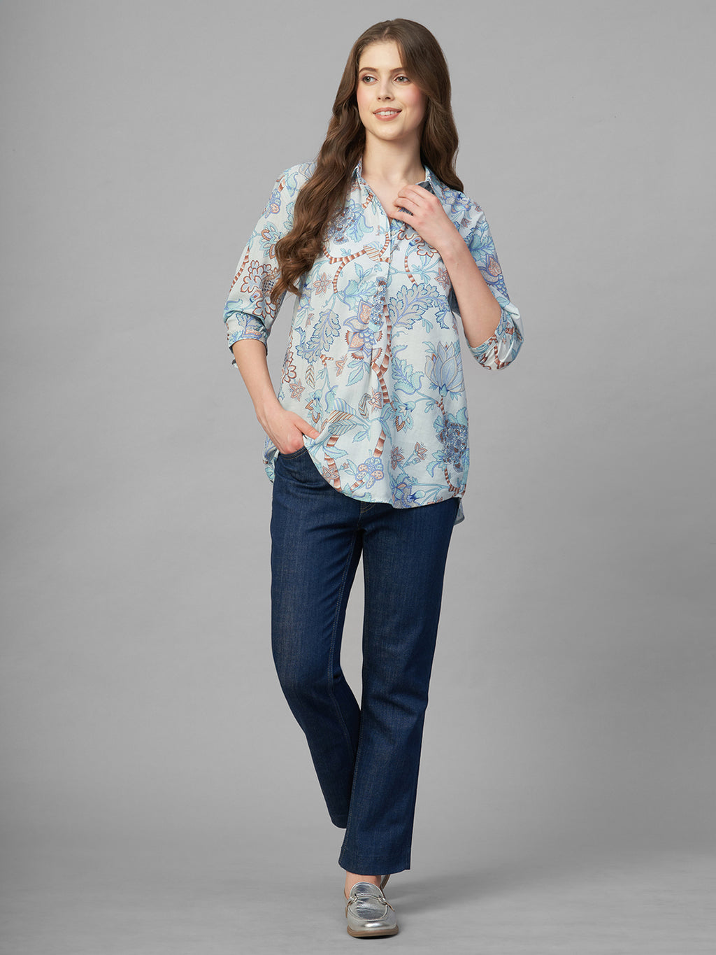 Women's Blue 100% Cambric Regular Fit Blouse