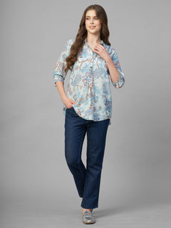 Women's Blue 100% Cambric Regular Fit Blouse