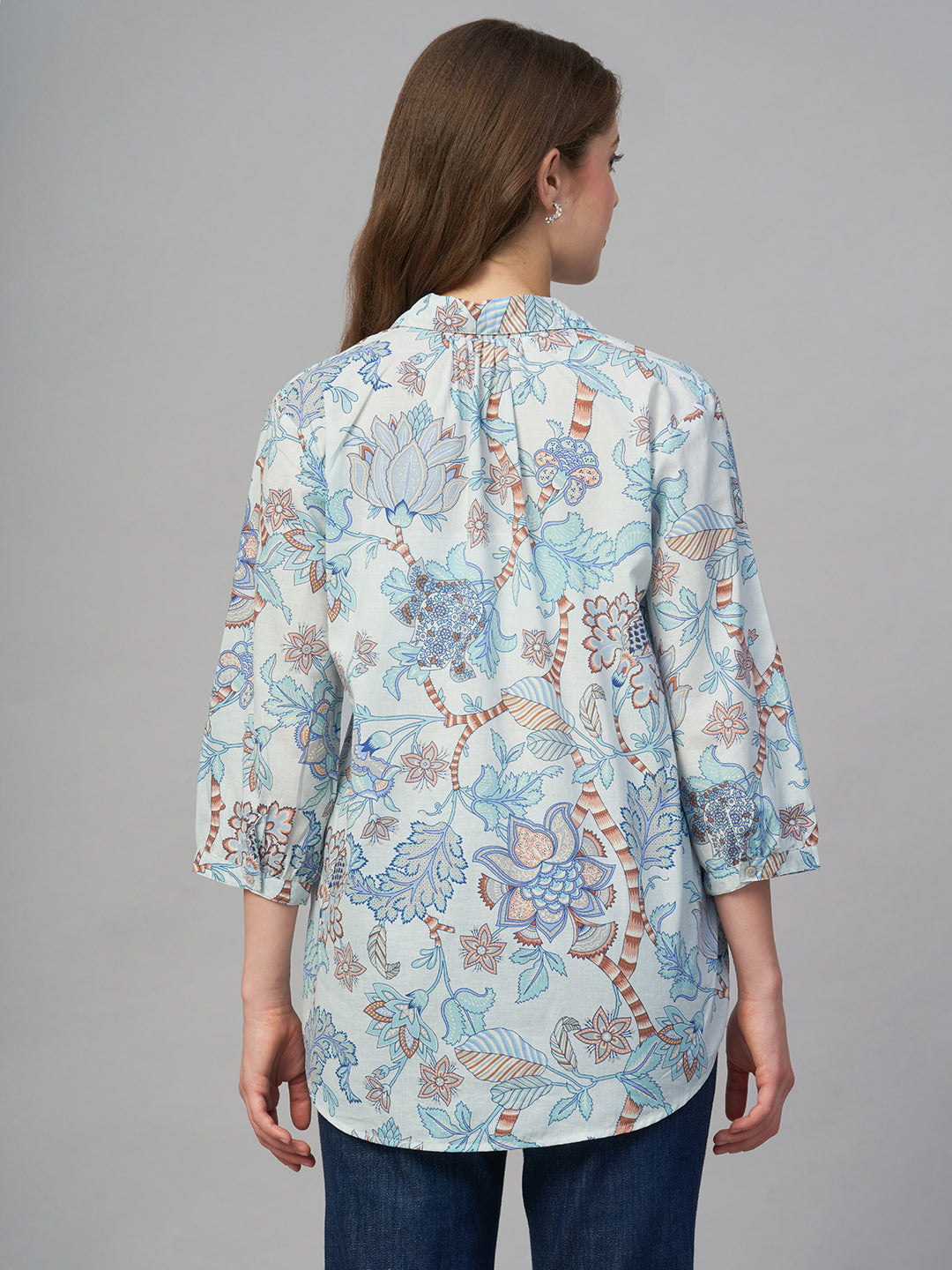 Women's Blue 100% Cambric Regular Fit Blouse