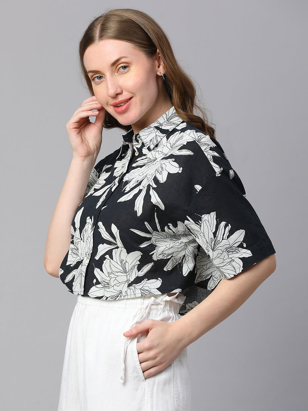 Women's Midnight Blue Cotton Flax Boxy Fit Blouse