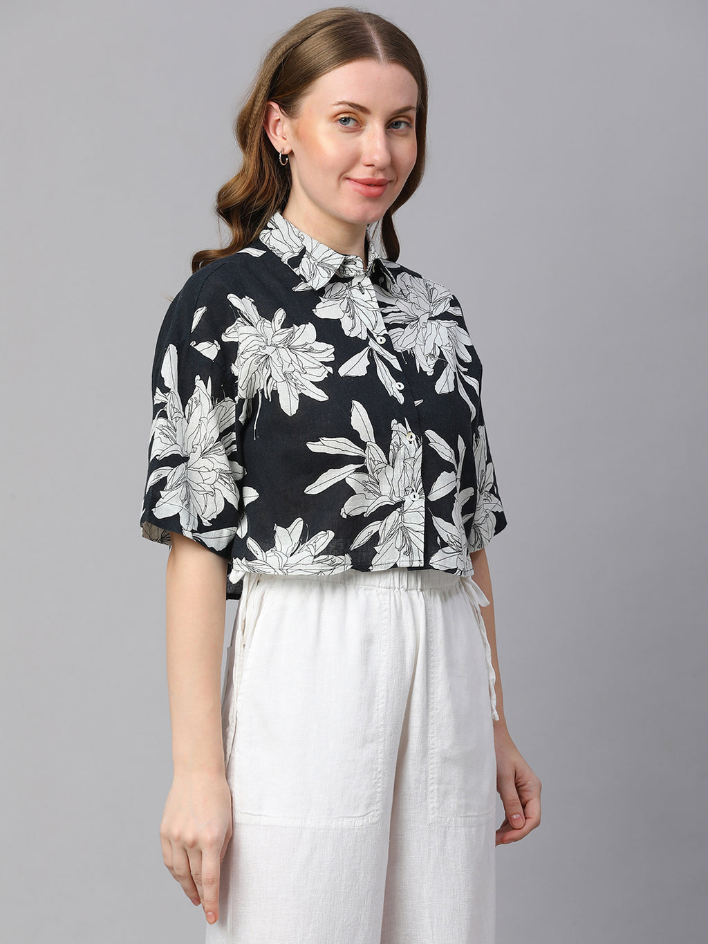 Women's Midnight Blue Cotton Flax Boxy Fit Blouse