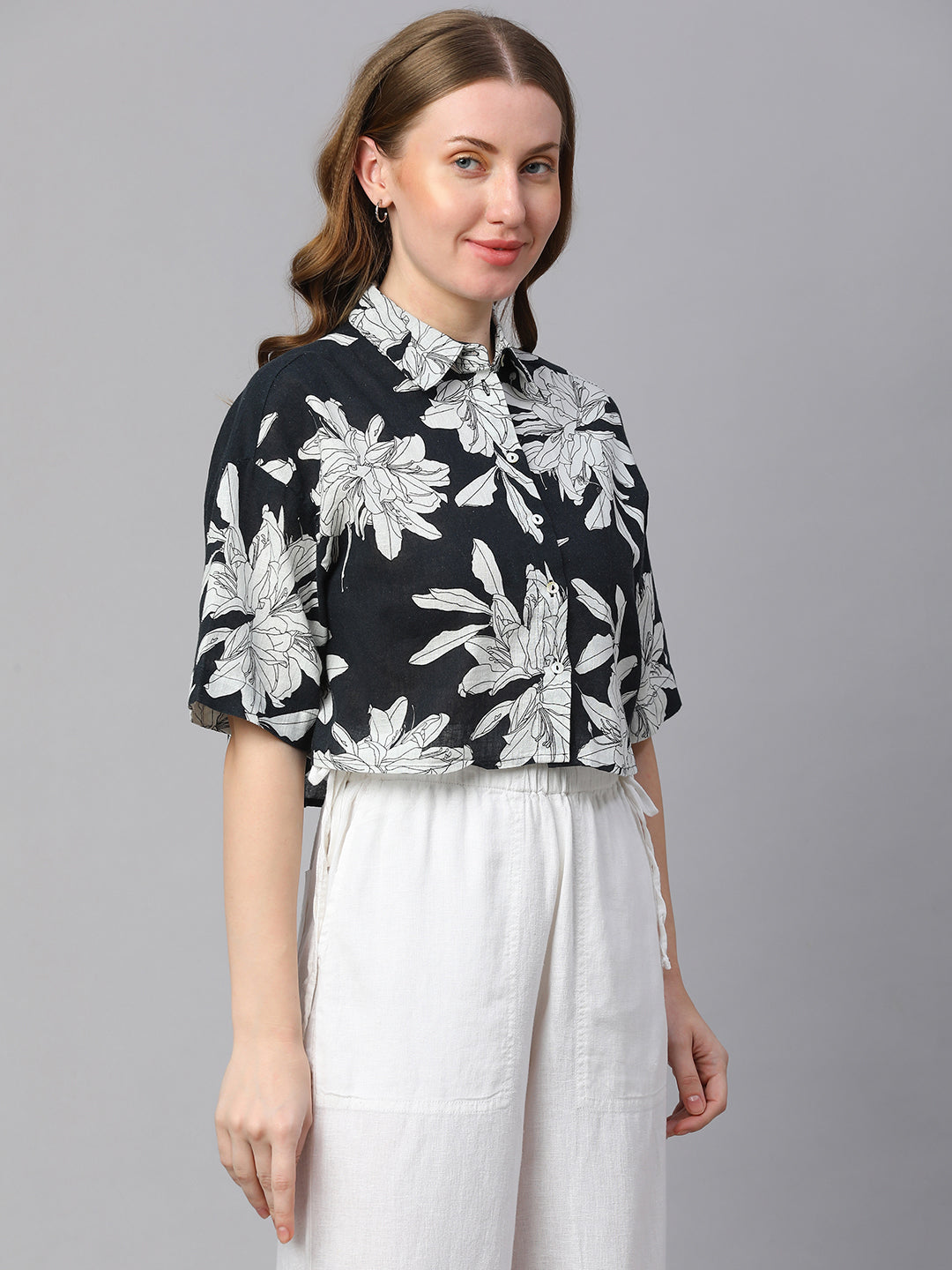 Women's Midnight Blue Cotton Flax Boxy Fit Blouse