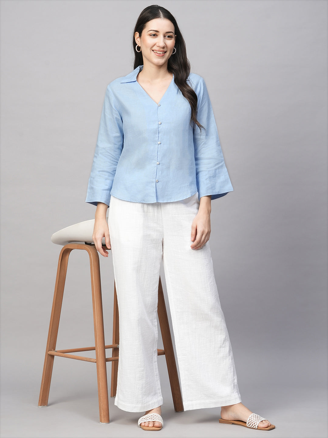 Women's Blue Linen Regular Fit Blouse
