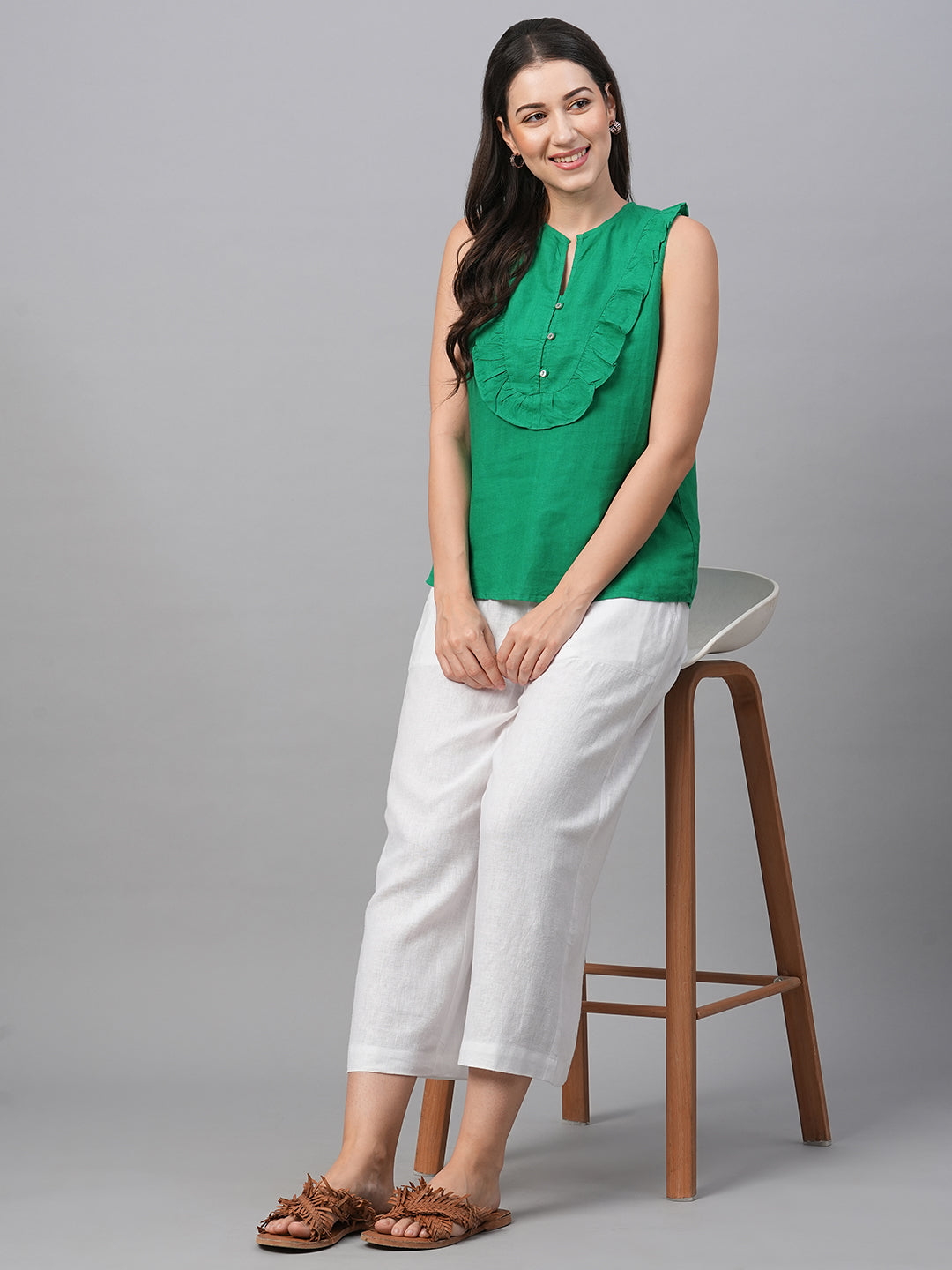 Women's Green Linen Regular Fit Blouse