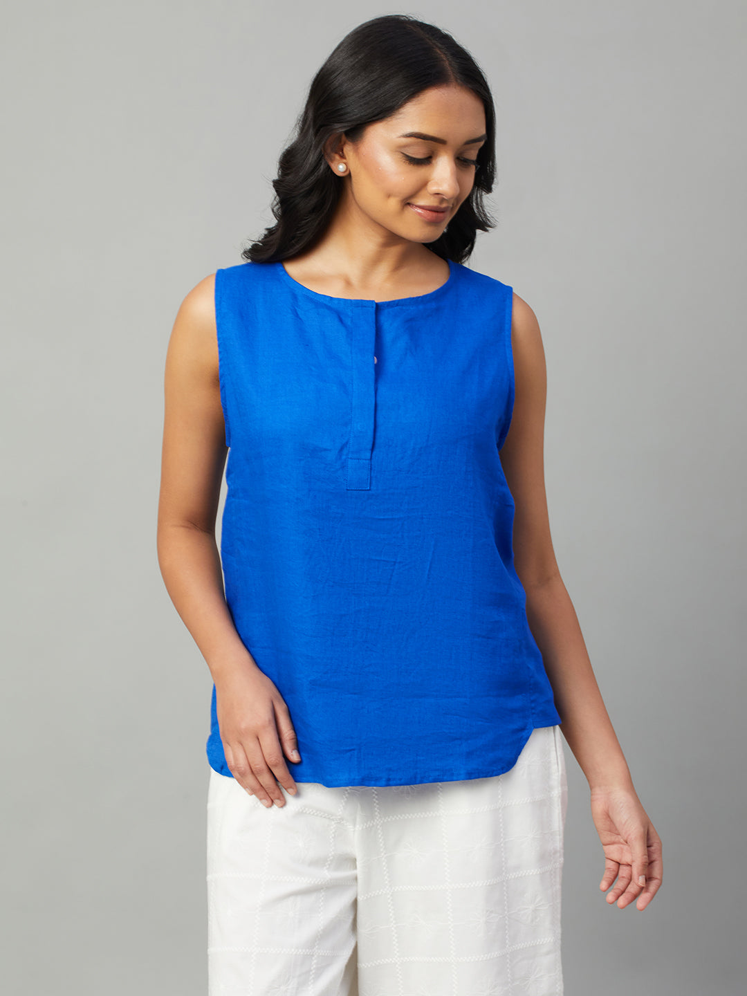 Women's Royalblue 100% Linen Regular Fit Blouse