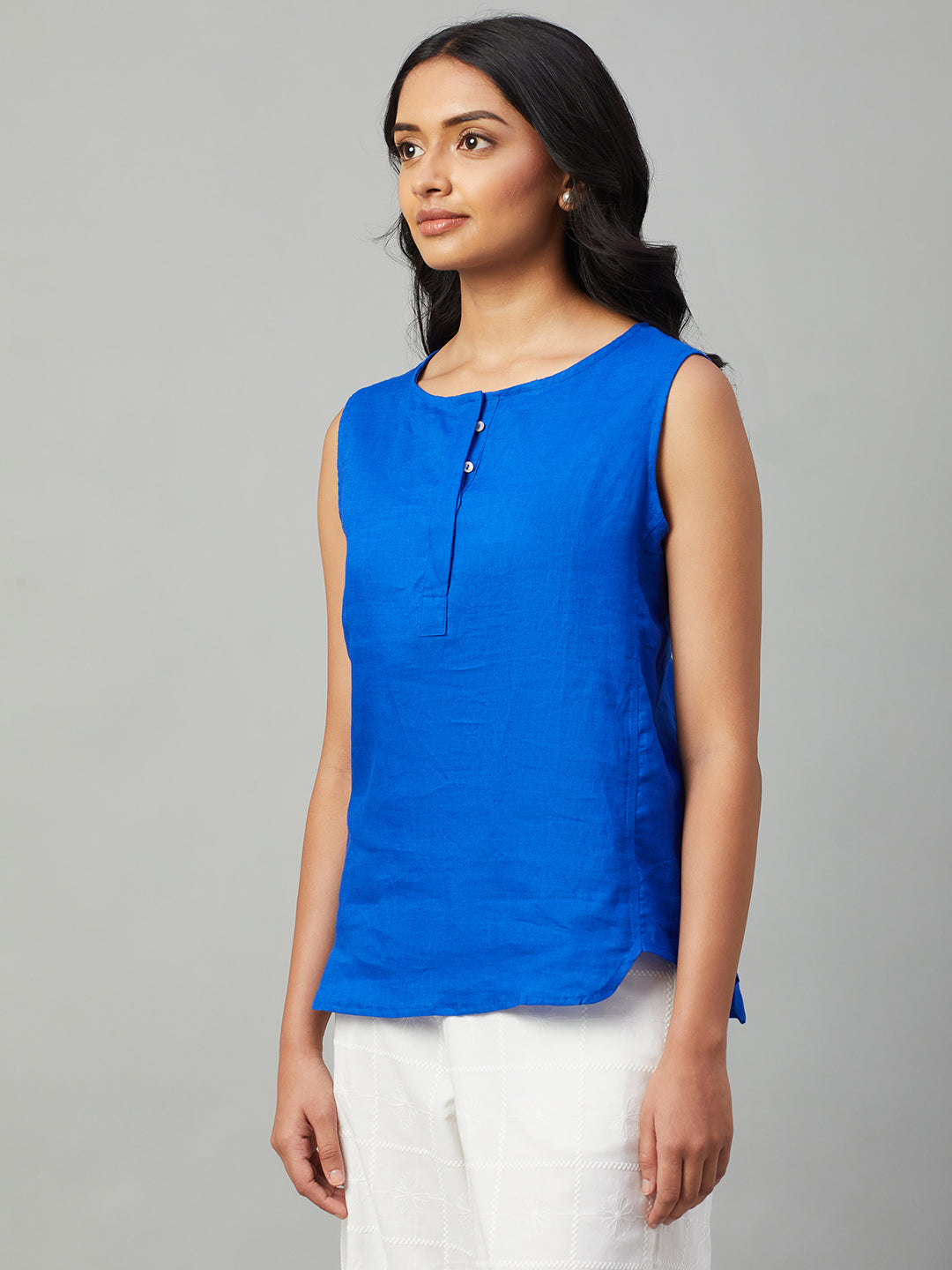 Women's Royalblue 100% Linen Regular Fit Blouse