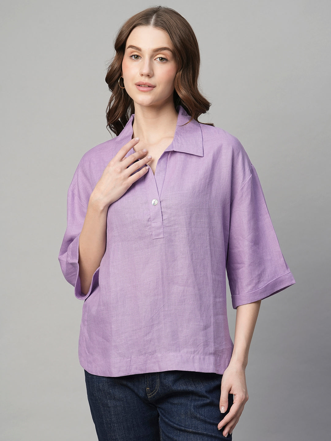 Women's Lilac 100% Linen Boxy Fit Blouse