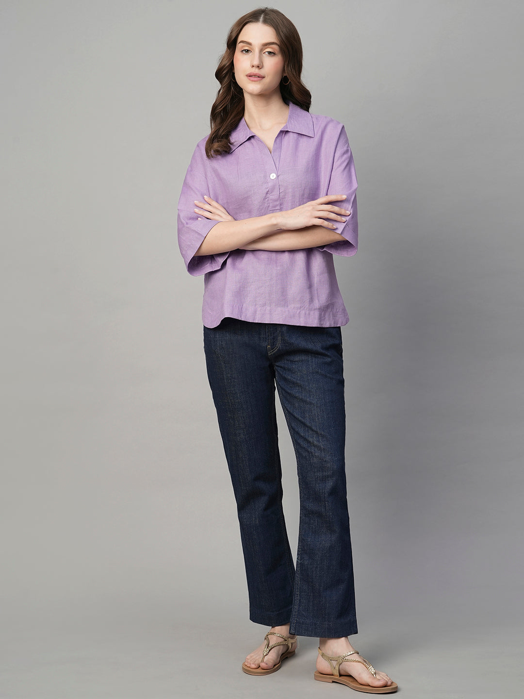 Women's Lilac 100% Linen Boxy Fit Blouse