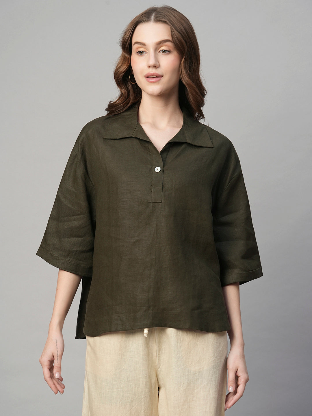 Women's Olive 100% Linen Boxy Fit Blouse