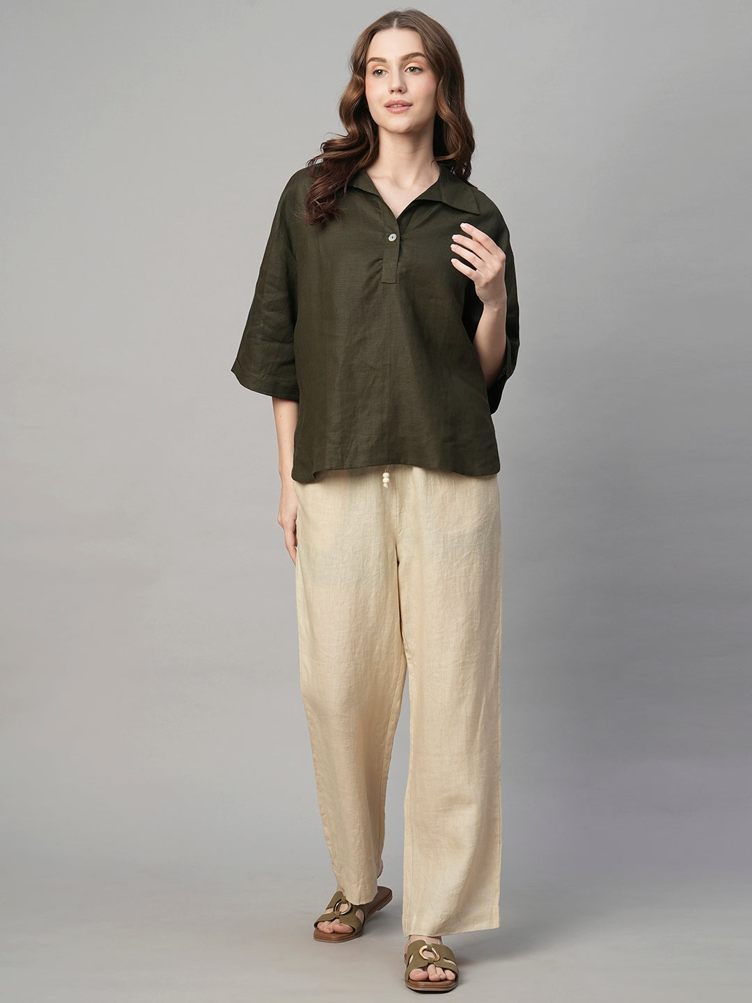 Women's Olive 100% Linen Boxy Fit Blouse