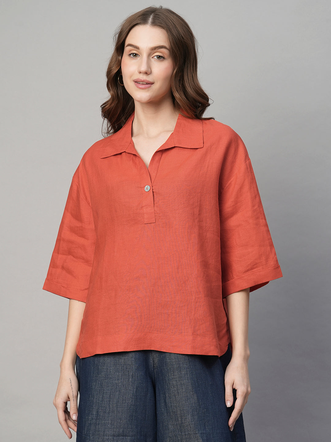 Women's Orange 100% Linen Boxy Fit Blouse