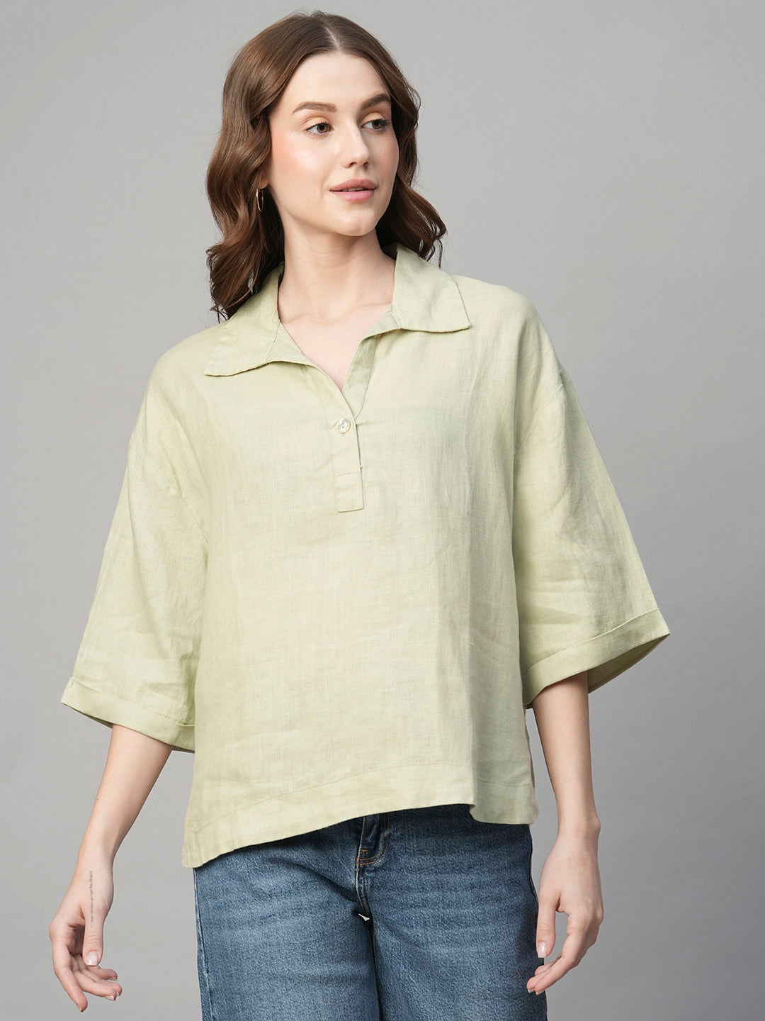 Women's Mint 100% Linen Boxy Fit Blouse