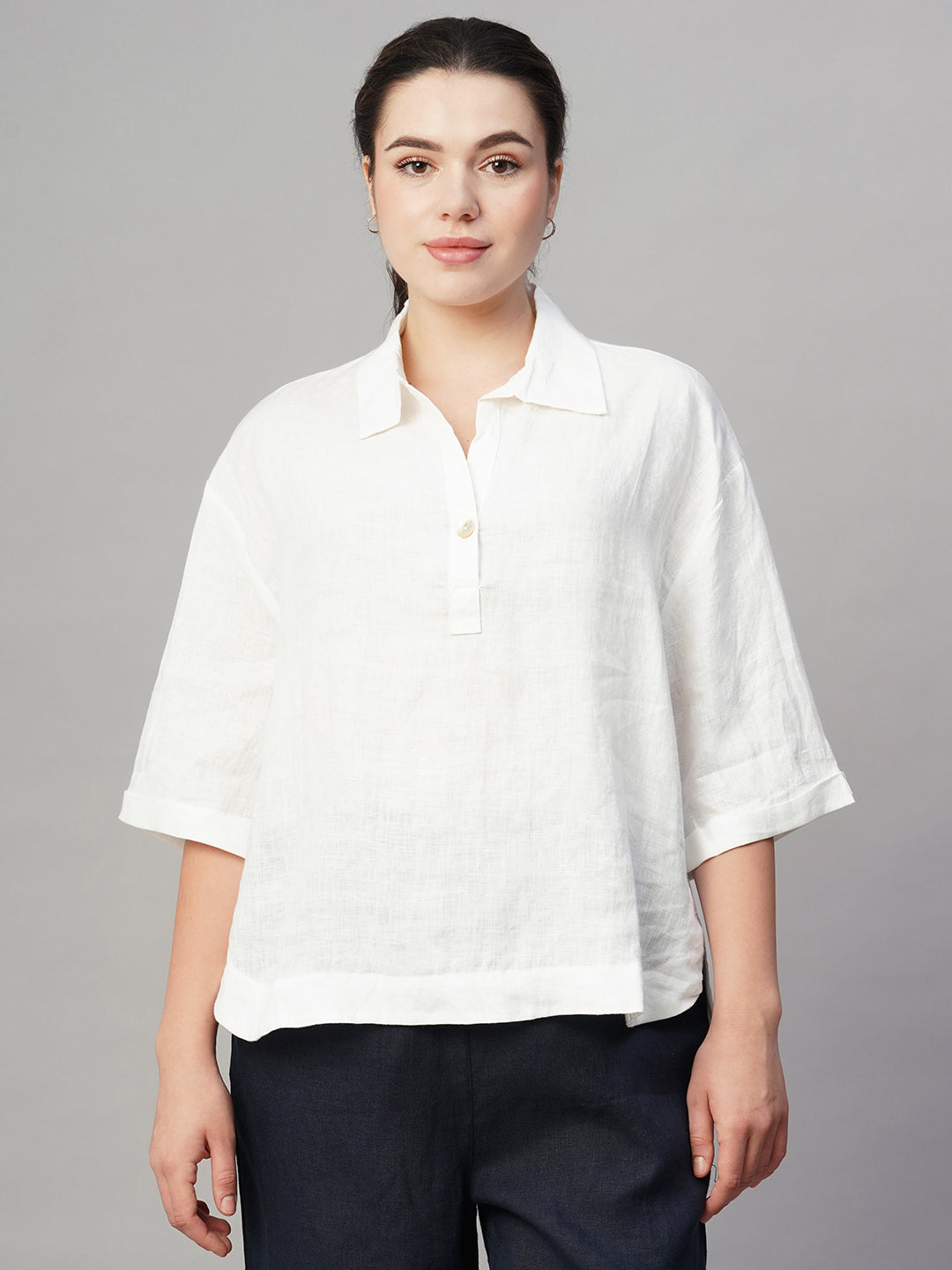 Women's White 100% Linen Boxy Fit Blouse