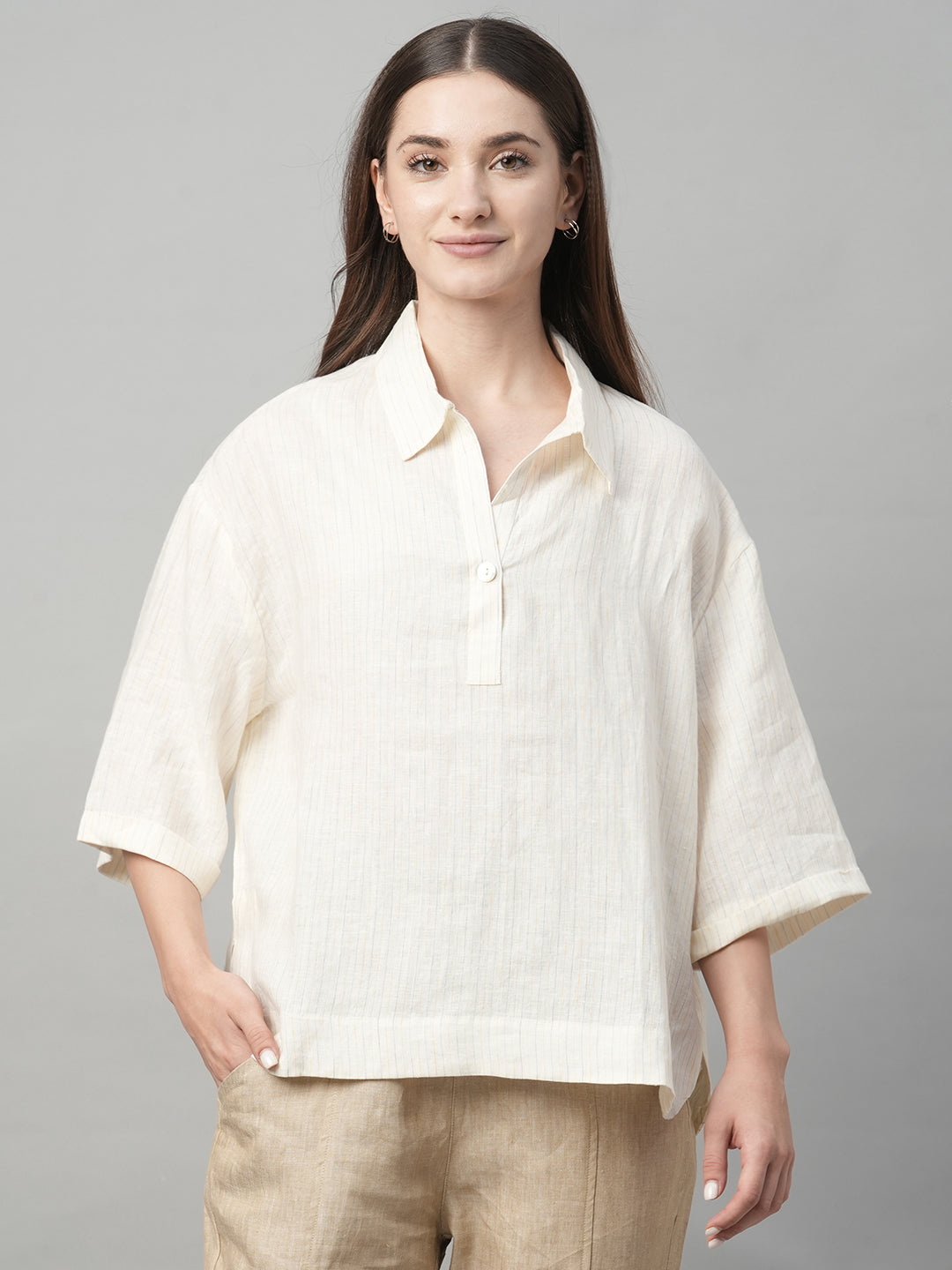 Women's Natural Linen Boxy Fit Blouse