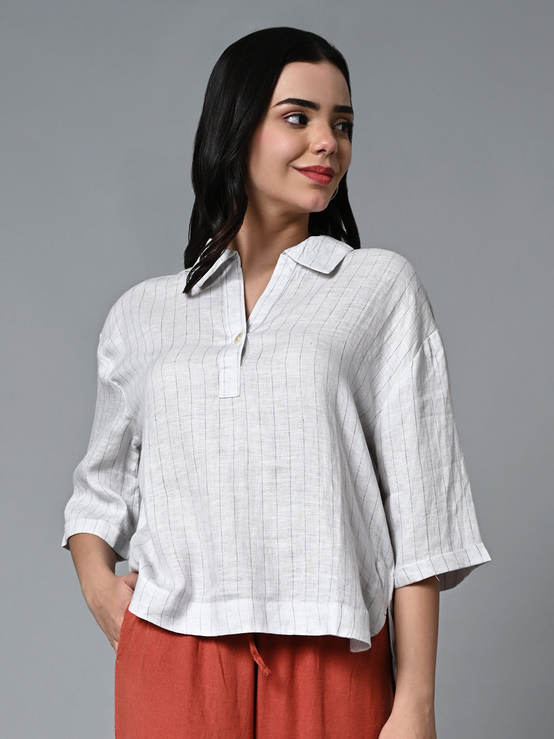 Women's Offwhite 100% Linen Boxy Fit Blouse