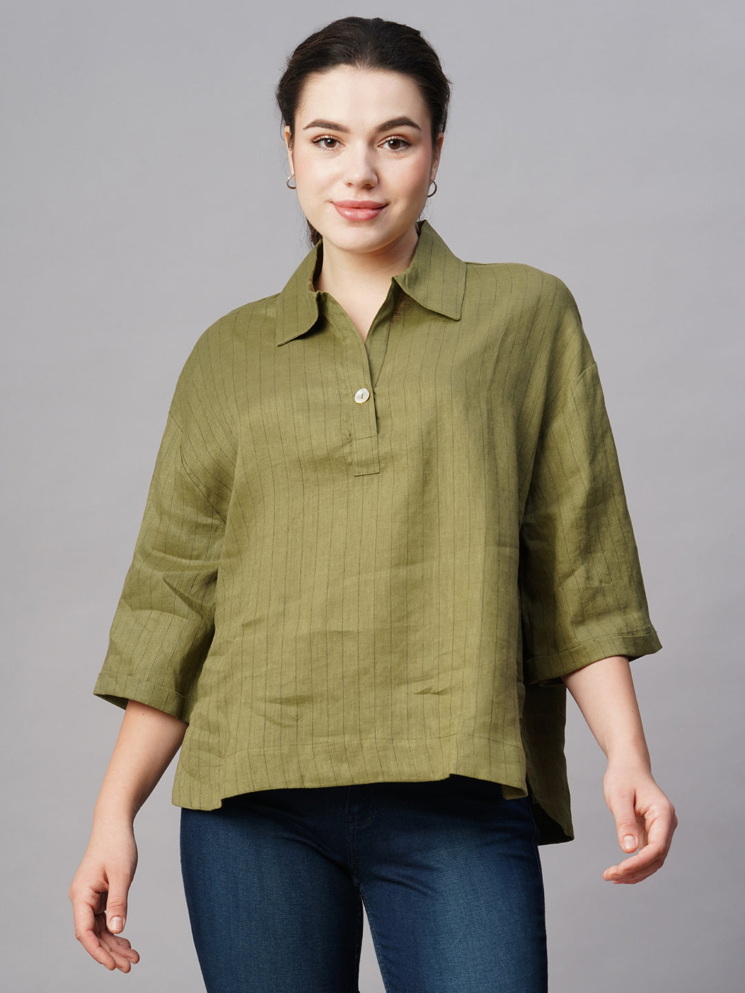 Women's Olive Linen Boxy Fit Blouse