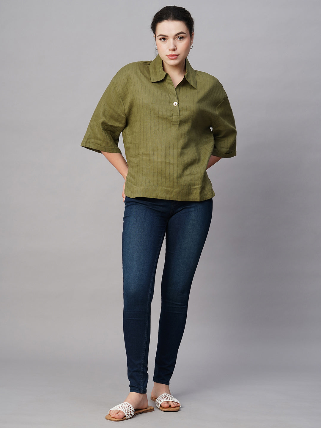 Women's Olive Linen Boxy Fit Blouse