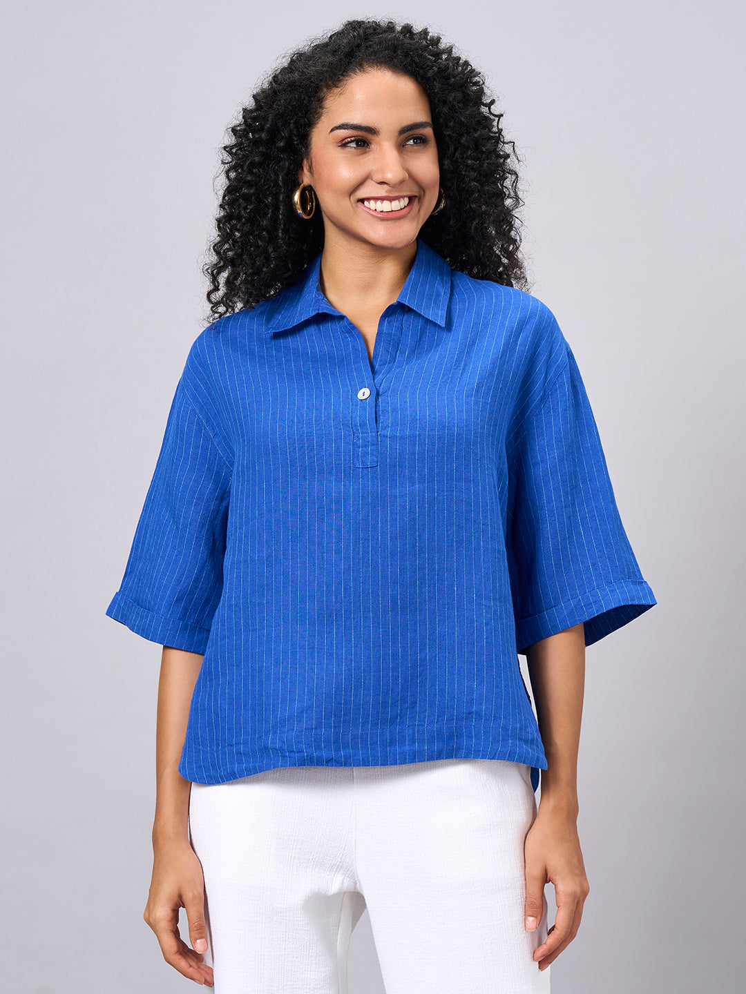 Women's Blue 100% Linen Boxy Fit Blouse