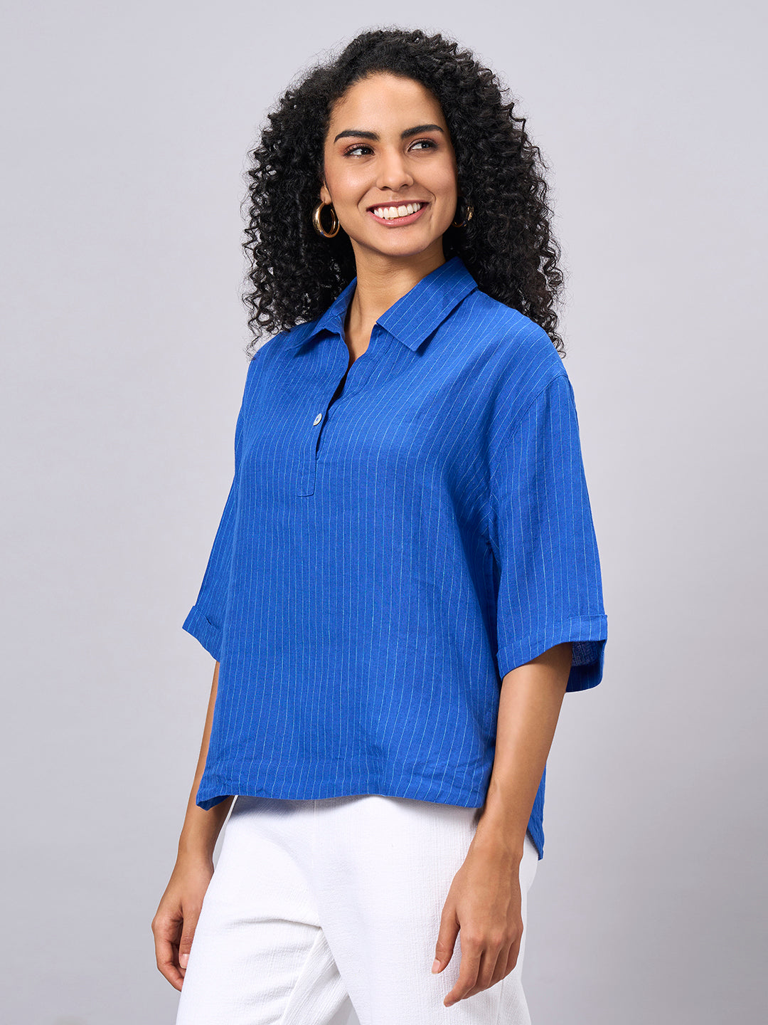 Women's Blue 100% Linen Boxy Fit Blouse