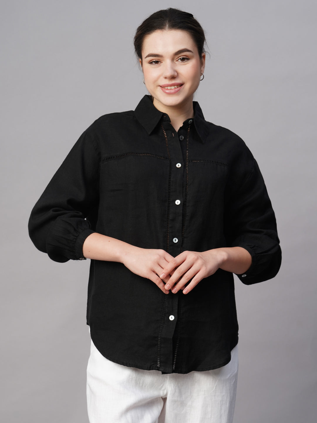 Women's Black Linen Regular Fit Blouse