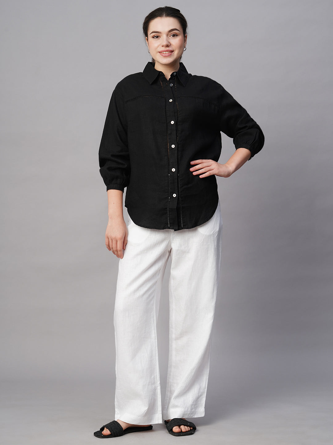 Women's Black 100% Linen Regular Fit Blouse