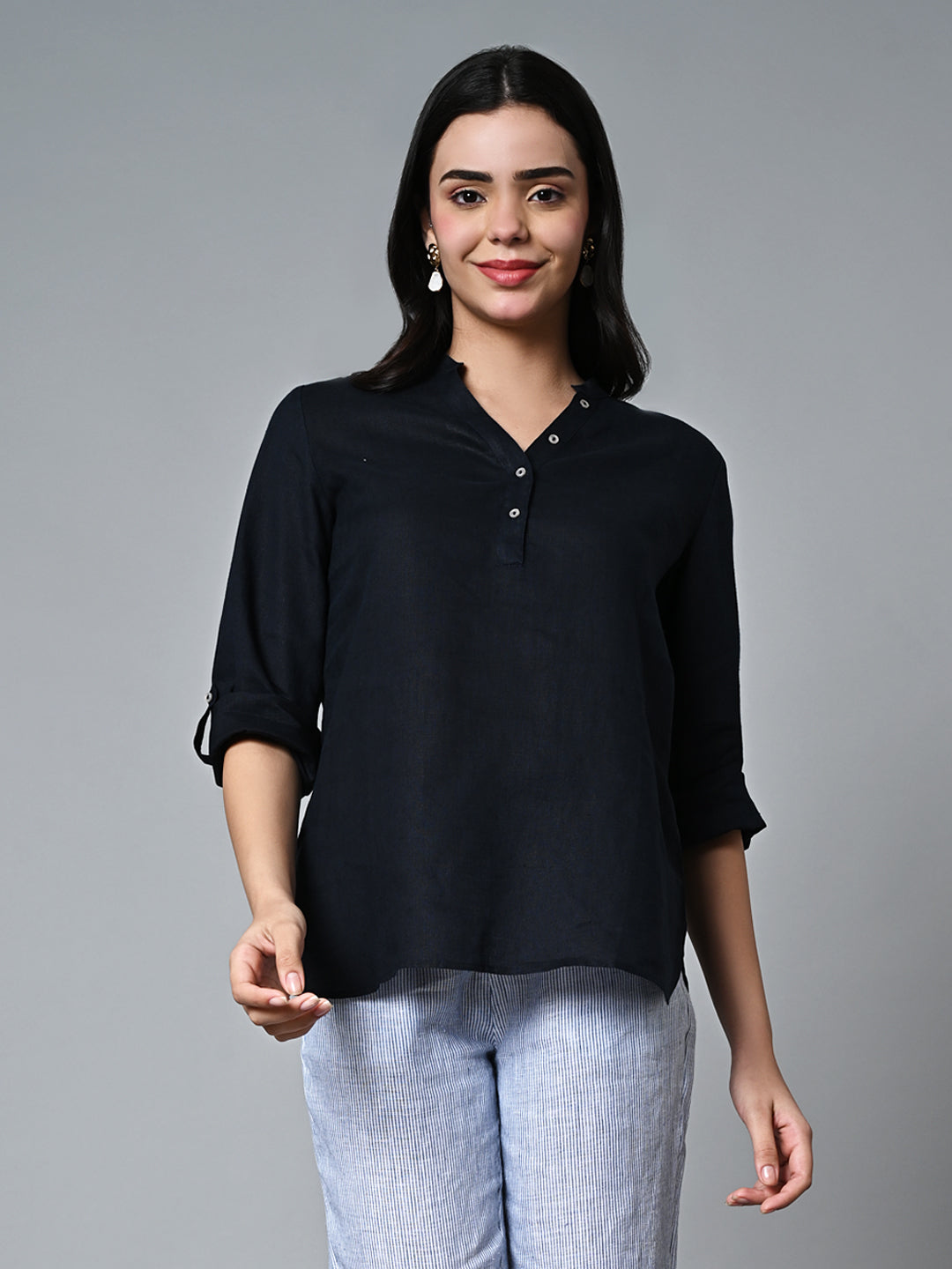 Women's Navy Linen Regular Fit Blouse