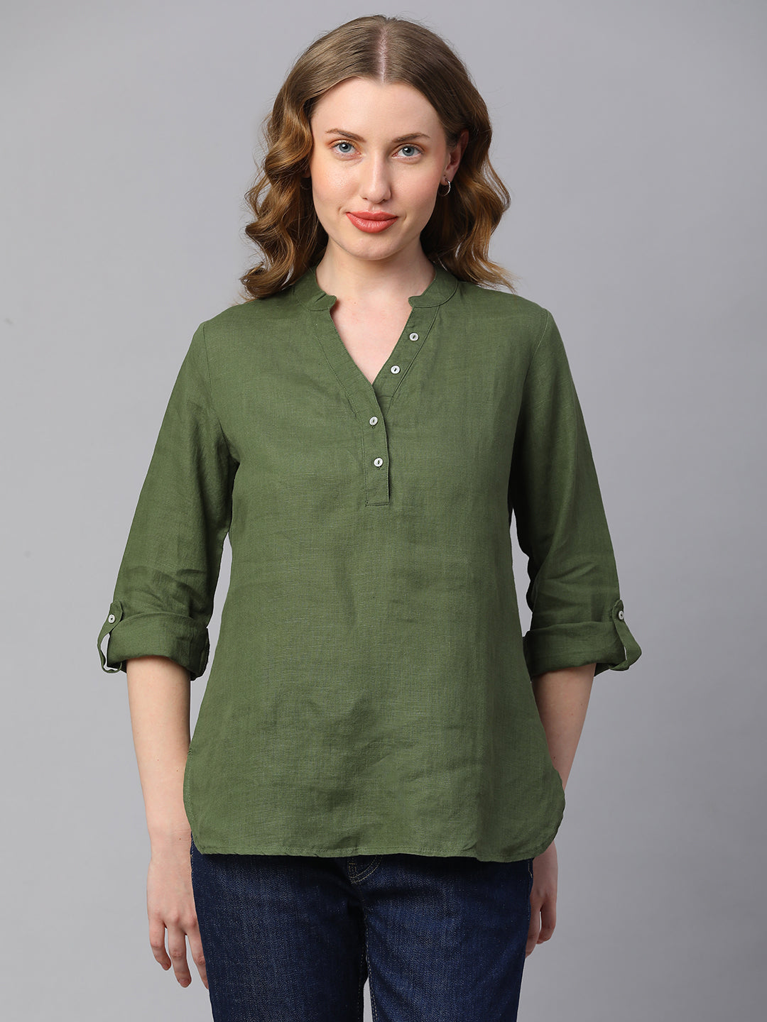 Women's Green Linen Regular Fit Blouse