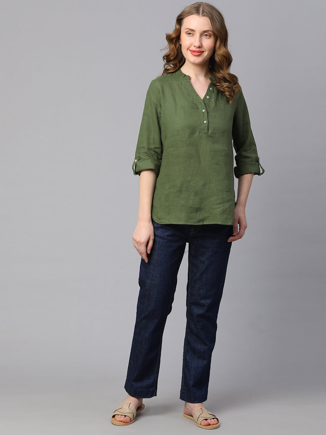 Women's Green Linen Regular Fit Blouse