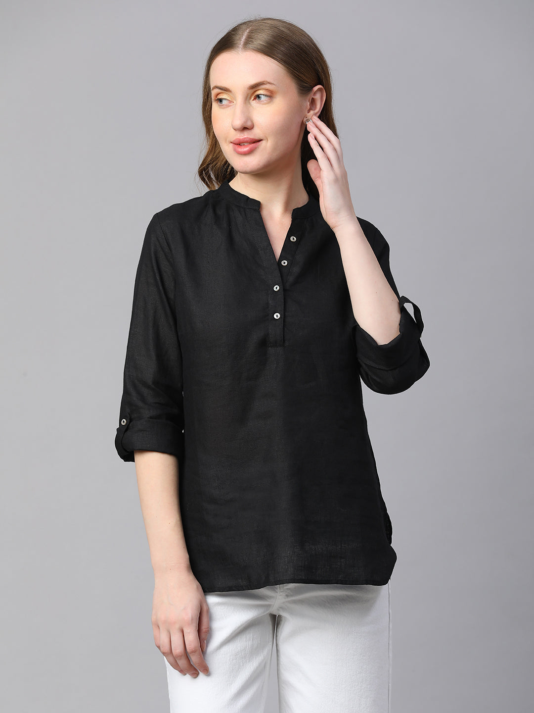 Women's Black Linen Regular Fit Blouse