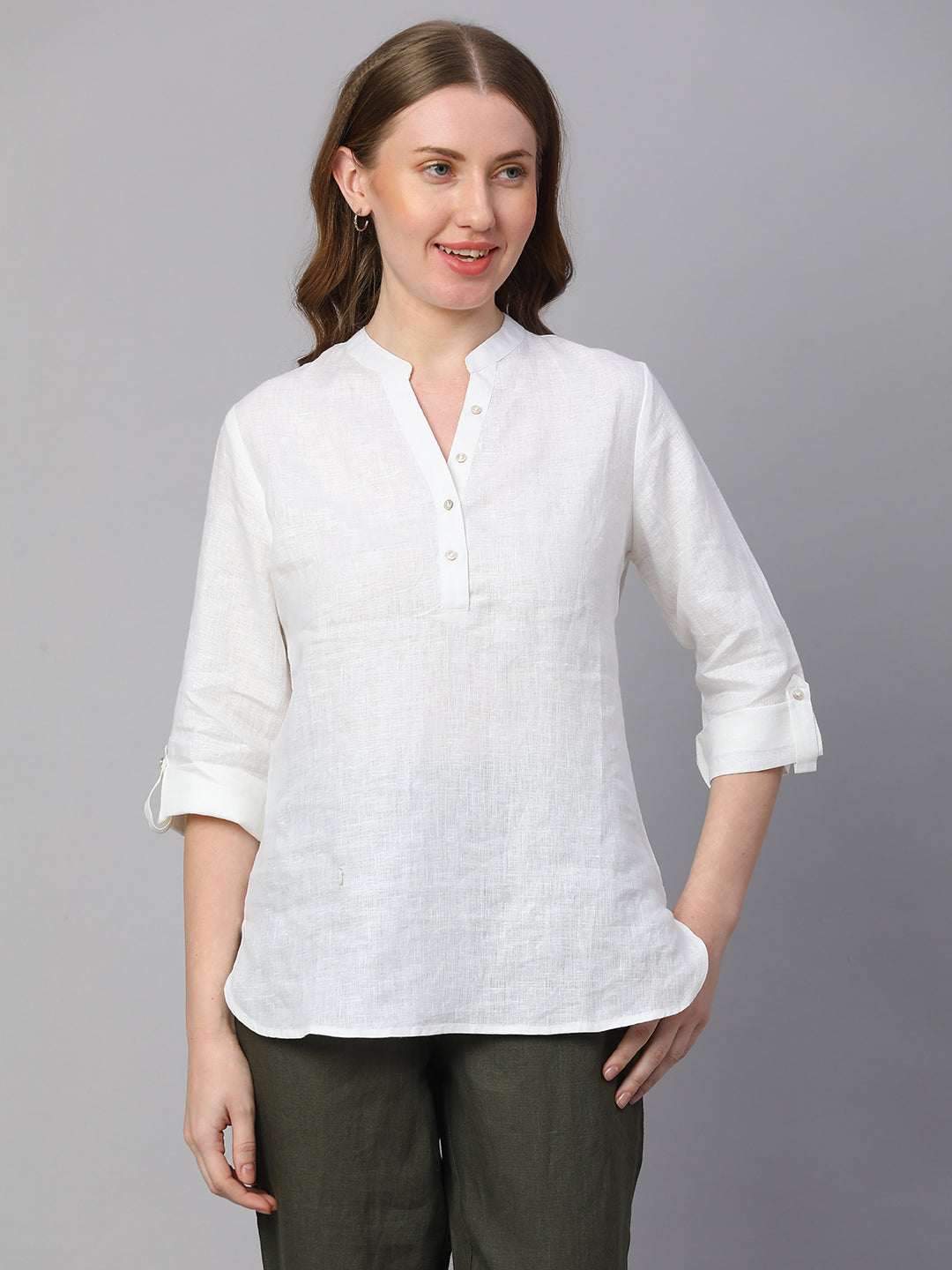 Women's White Linen Regular Fit Blouse