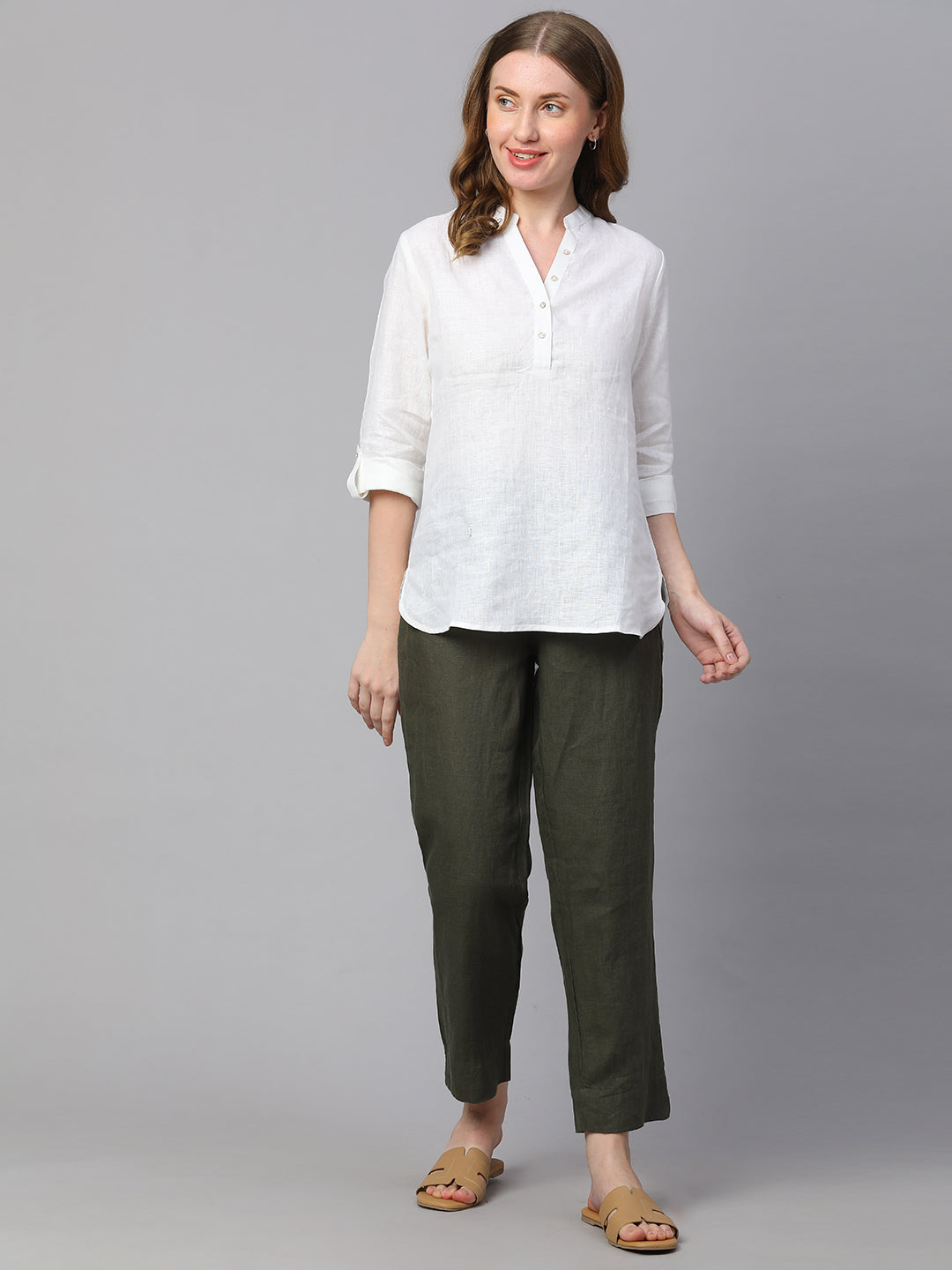 Women's White 100% Linen Regular Fit Blouse