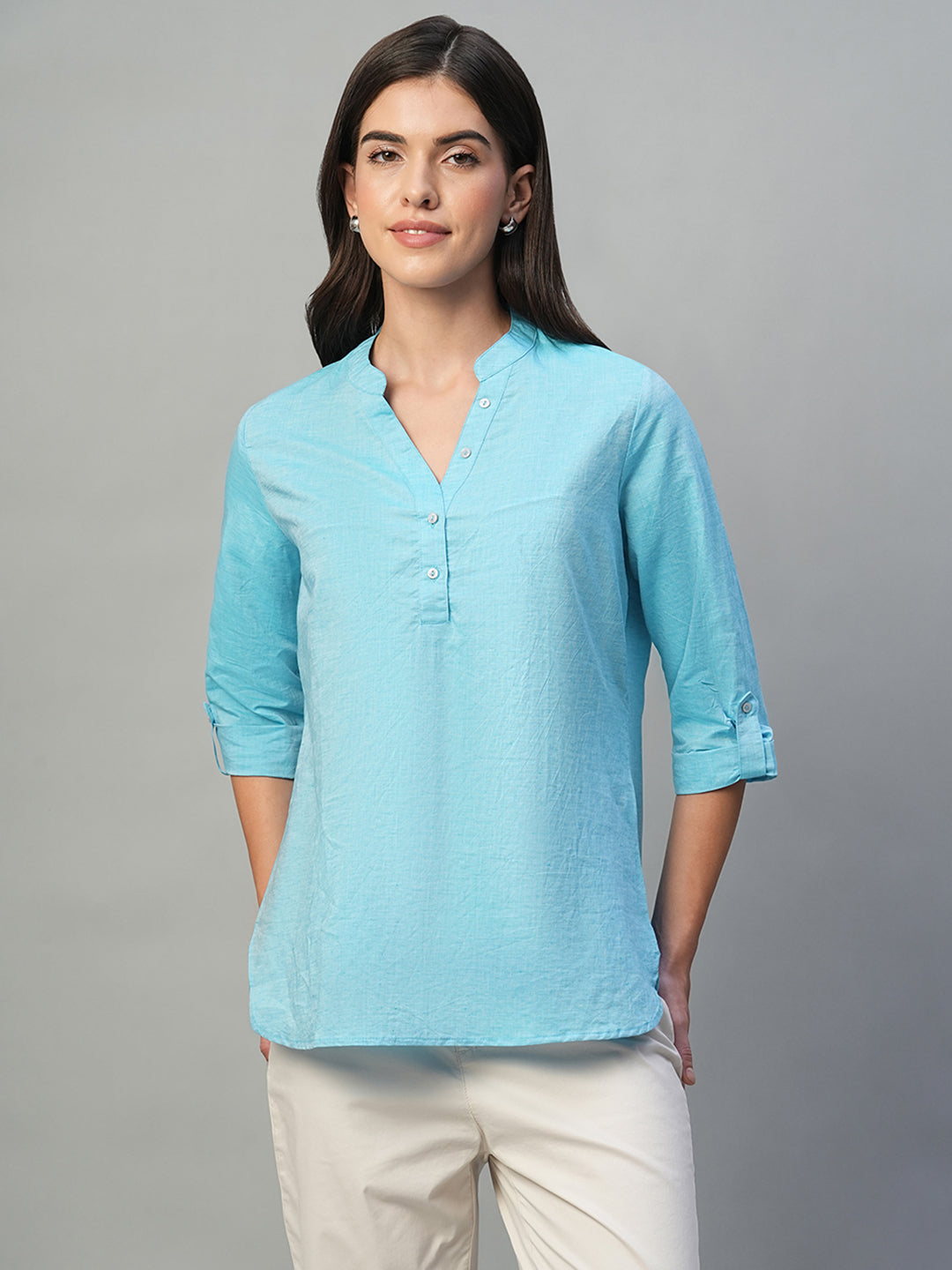 Women's Blue Cotton Linen Regular Fit Blouse