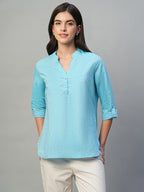 Women's Blue Cotton Linen Regular Fit Blouse