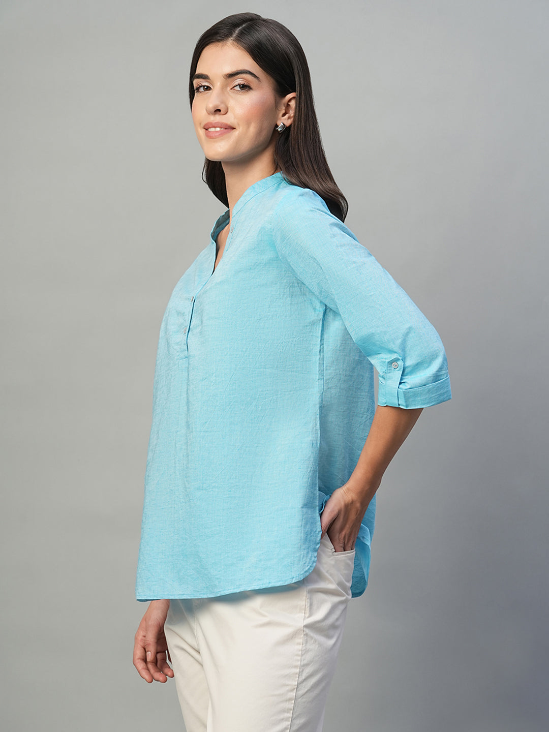 Women's Blue Cotton Linen Regular Fit Blouse