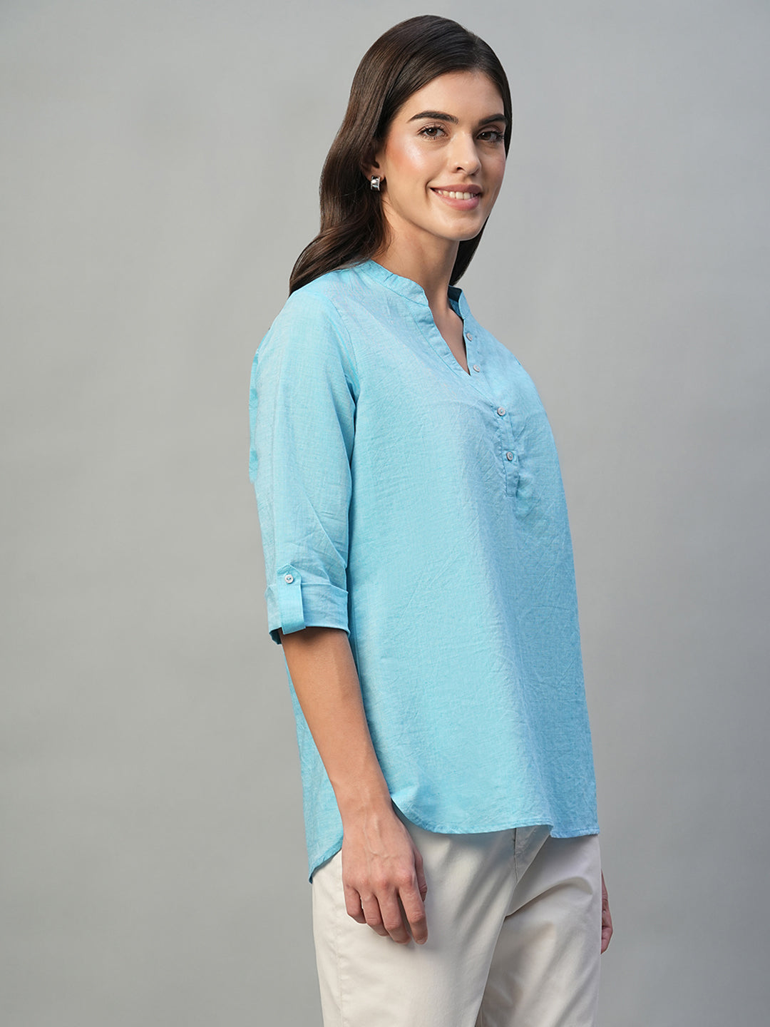 Women's Blue Cotton Linen Regular Fit Blouse